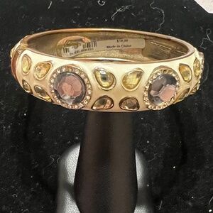 Vintage Sequin Gold Tone Bangle Bracelet with Gemstone Accents